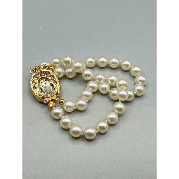 Vintage Faux Pearls Bracelet Fancy Clasp Double Strand Hand Knotted Glass Pearls - Picture 5 of 7